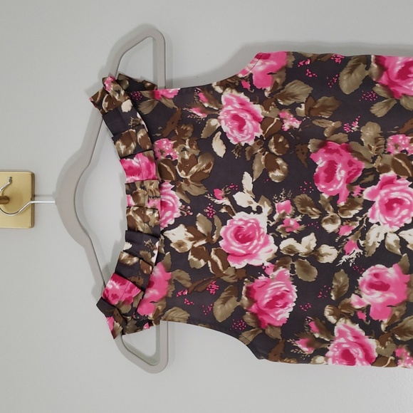 LOFT Sleeveless Floral Top Small Pink Brown Satin Ruffle Y2K Office Career Work - Picture 5 of 10